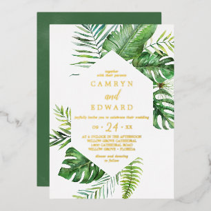 Invitación Con Relieve Metalizado Palma Tropical Salvaje Boda Hexágono de Hoja de