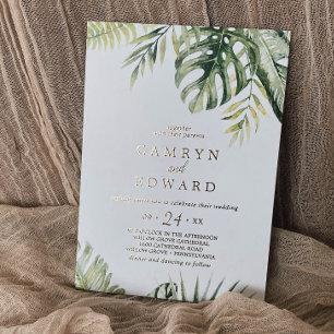Invitación Con Relieve Metalizado Palma Tropical Salvaje Hoja de Oro Boda Casual d