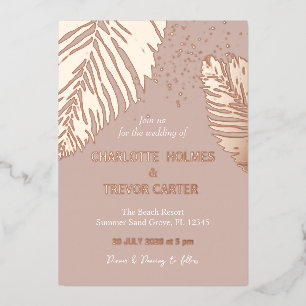 Invitación Con Relieve Metalizado Palmas tropicales neutrales Beach Wedding Gold