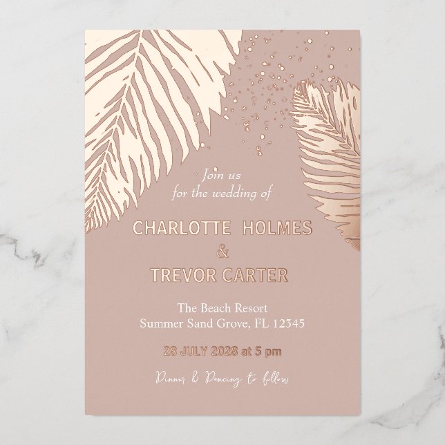 Invitación Con Relieve Metalizado Palmas tropicales neutrales Beach Wedding Gold (Anverso)