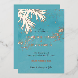 Invitación Con Relieve Metalizado Palmas Tropicales Playa Océano Azul Boda Oro
