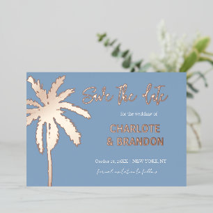 Invitación Con Relieve Metalizado Palmera Blue Gold Playa Boda Reservar la Fecha