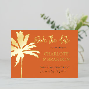 Invitación Con Relieve Metalizado Palmera de Oro Naranja Playa Boda Save The Date