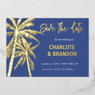 Invitación Con Relieve Metalizado Palmeras de Oro Azul Playa Boda Save The Date