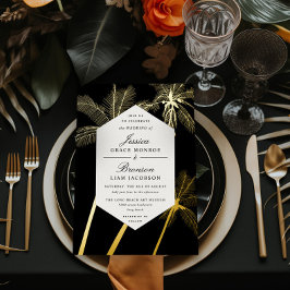 Invitación Con Relieve Metalizado palmeras doradas boda tropical sofisticado