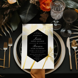 Invitación Con Relieve Metalizado palmeras doradas sofisticada boda tropical