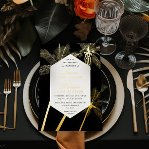 Invitación Con Relieve Metalizado palmeras doradas sofisticada boda tropical