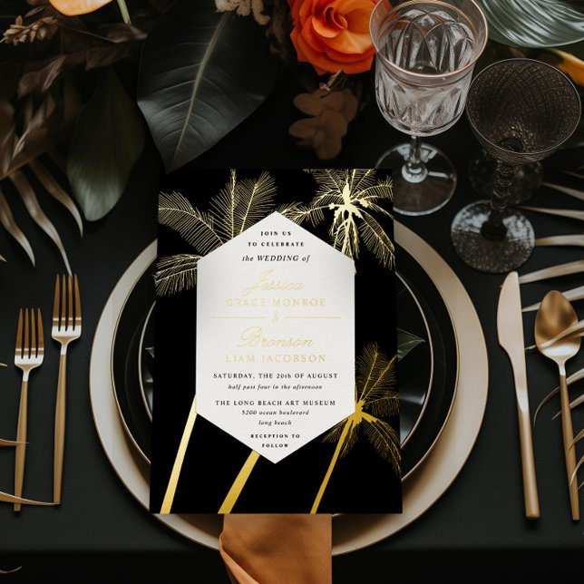 Invitación Con Relieve Metalizado palmeras doradas sofisticada boda tropical (Subido por el creador)