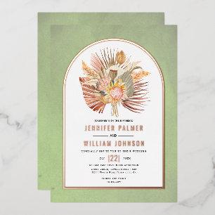 Invitación Con Relieve Metalizado Palmeras, pampas hierba sage boda verde rosa oro