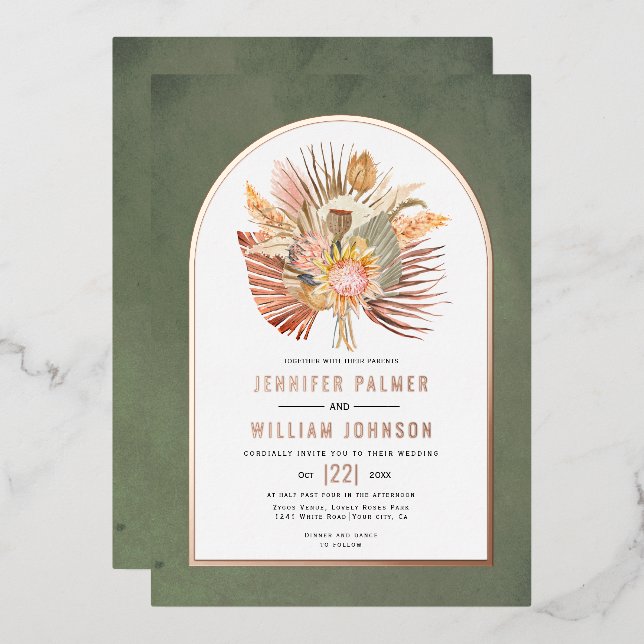 Invitación Con Relieve Metalizado Palmeras secas, pampas boda verde rosa oro (Anverso/Reverso)
