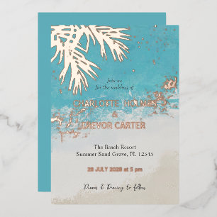 Invitación Con Relieve Metalizado Palmeras Tropicales Blue Ocean Beach Wedding Gold