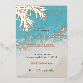 Invitación Con Relieve Metalizado Palmeras Tropicales Blue Ocean Beach Wedding Gold