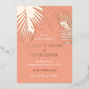 Invitación Con Relieve Metalizado Palmeras Tropicales Playa de Verano Boda de Oro