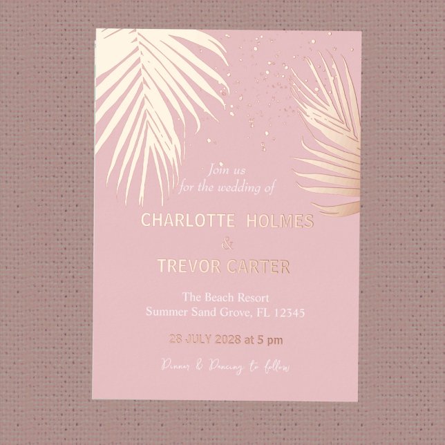 Invitación Con Relieve Metalizado Palmeras Tropicales Rosadas Playa de Verano Boda d (Subido por el creador)