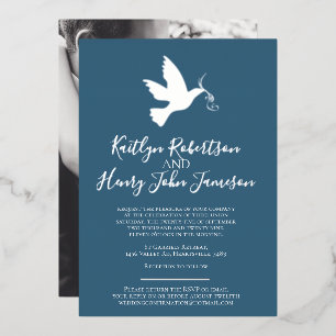 Invitación Con Relieve Metalizado Paloma dorada azul gris simple boda foto personali