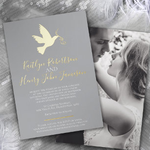 Invitación Con Relieve Metalizado Paloma dorada gris simple boda con foto
