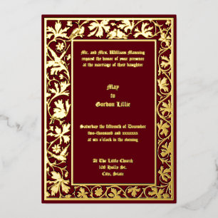 Invitación Con Relieve Metalizado Palomas en borde de follaje de vid floral