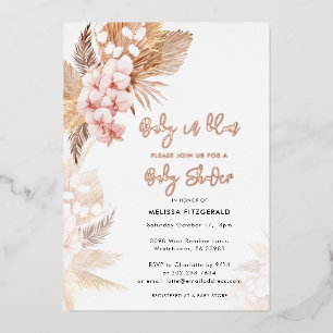 Invitación Con Relieve Metalizado Pampas Grass Boho Chica Baby Shower Rosa Gold