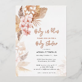 Invitación Con Relieve Metalizado Pampas Grass Boho Chica Baby Shower Rosa Gold