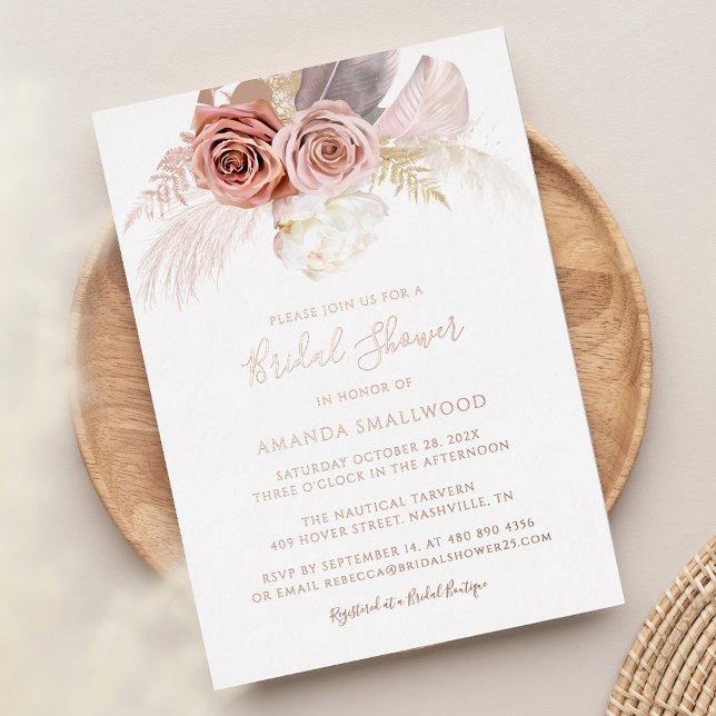 Invitación Con Relieve Metalizado Pampas Grass Fall Bridal Shower Rosa Gold (Pampas Grass Terracotta Script Rose Gold Foil Bridal Shower Invitation)