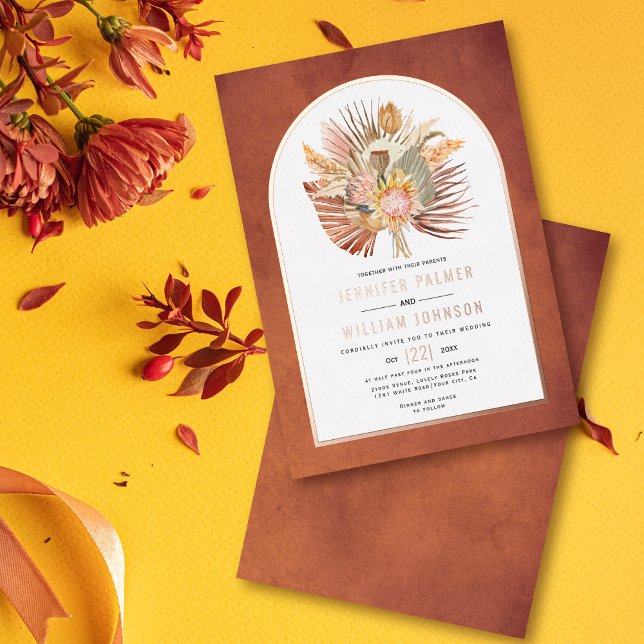 Invitación Con Relieve Metalizado Pampas secas terracota boda rosa oro (Subido por el creador)
