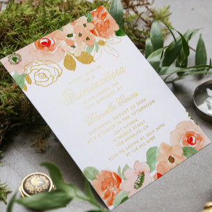 Invitación Con Relieve Metalizado Papel Acuarela Floral Glitter Moderno Quinceañera