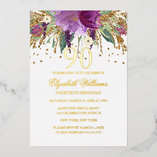 Invitación Con Relieve Metalizado Papel Aluminio Floral Brillo Amatista Cumpleaños 9