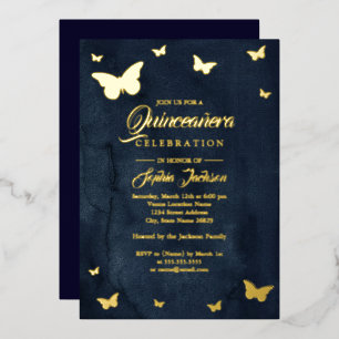 Invitación Con Relieve Metalizado Papel ALUMINIO Mariposa Navy Quinceañera Foil