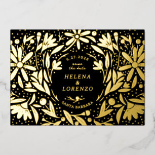 Invitación Con Relieve Metalizado Papel Cortado Flores Rústicas Negras Save the Date