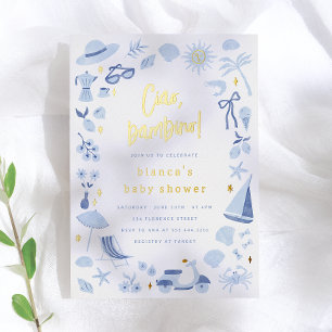 Invitación Con Relieve Metalizado Papel de aluminio Ciao Bambino Italiano Niño Azul 