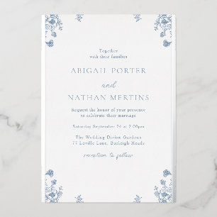 Invitación Con Relieve Metalizado Papel de estaño floral azul vintage para boda