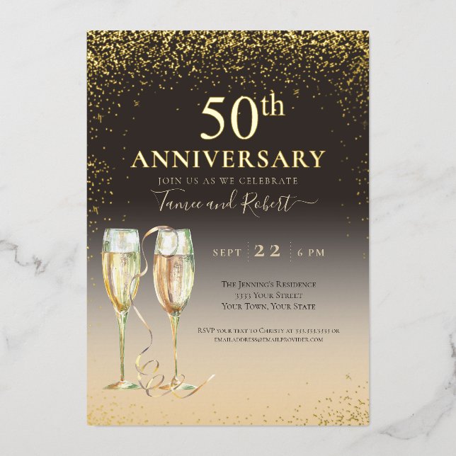 Invitación Con Relieve Metalizado Papel de Oro 50 Aniversario Brillante Champagne (Anverso)