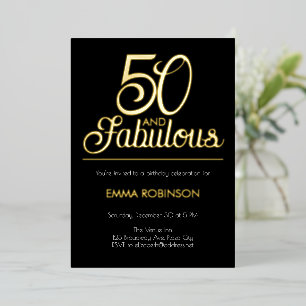 Invitación Con Relieve Metalizado Papel de oro "50 y fabuloso" Quincuagésimo cumplea