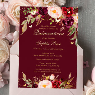 Invitación Con Relieve Metalizado Papel de oro Burdeos Floral Quinceanera