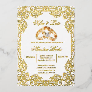 Invitación Con Relieve Metalizado papel de oro con marco Boda española