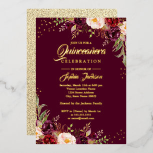 Invitación Con Relieve Metalizado Papel de Oro Floral Borgoña Quinceanera