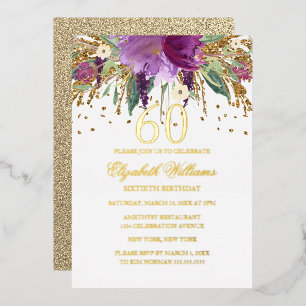 Invitación Con Relieve Metalizado Papel de oro Floral Brillo Amatista Cumpleaños 60