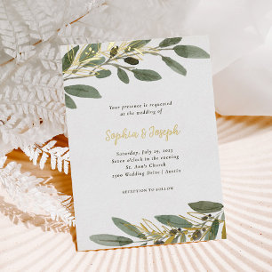 Invitación Con Relieve Metalizado Papel de Oro y Hojas de Olivo Boda
