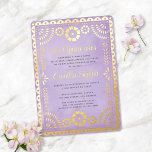 Invitación Con Relieve Metalizado Papel Rústico Picado Purple Gold Quinceañera<br><div class="desc">Esta moderna invitación a la quinceañera cuenta con un fondo rústico morado claro, un marco de inspiración de papel picado en Relieve metalizado dorado elevado con una tipografía elegante. "mis Quince años" y el nombre de su hijo también están en Relieve metalizado elevado. ¡Este diseño es festivo, femenino y elegante!...</div>