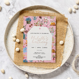 Invitación Con Relieve Metalizado Par té a cualquier edad cumpleaños jardín color ro