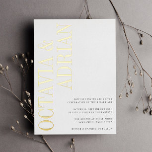 Invitación Con Relieve Metalizado Paralelo   Moderno Boda de Tipografía Negra y Oro