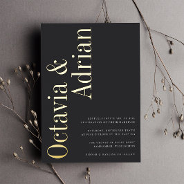 Invitación Con Relieve Metalizado Paralelo | Moderno Boda de Tipografía Negra y Oro