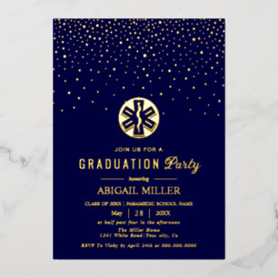 Invitación Con Relieve Metalizado Paramédico con confeti dorado Graduación de la pro