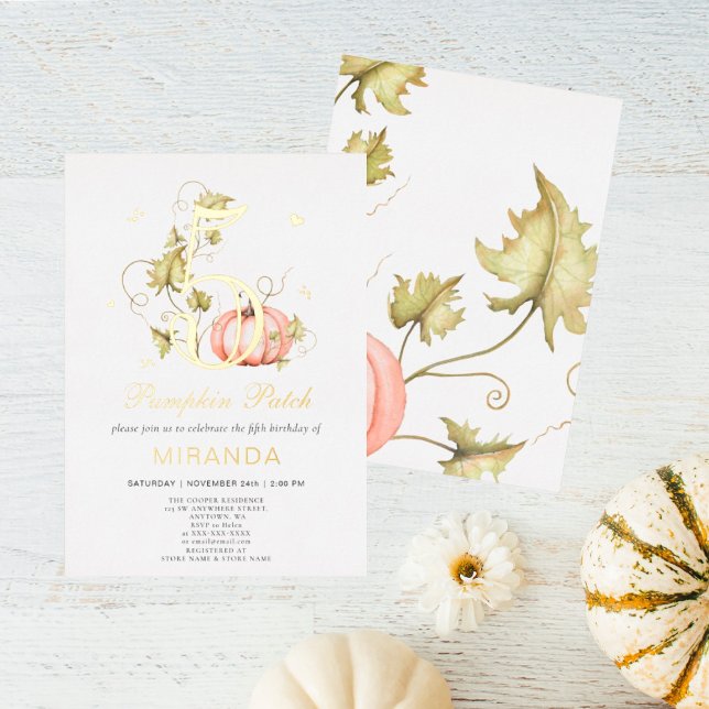 Invitación Con Relieve Metalizado Parche de calabaza otoñal Cumpleaños Otoño 5 Cumpl (I wish you happiness!!!)