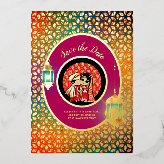 Invitación Con Relieve Metalizado Pareja india FOIL DE ORO REAL Lindo Guardar Fecha (Anverso)