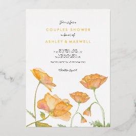 Invitación Con Relieve Metalizado Parejas Ducha Naranja Poppies Florales de acuarela