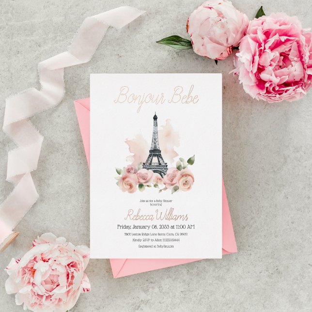 Invitación Con Relieve Metalizado Paris Bonjour Bebe Paris Floral Baby Shower (Subido por el creador)