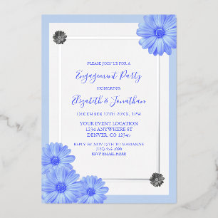 Invitación Con Relieve Metalizado Partido Compromiso Elegante Floral Azul Claro