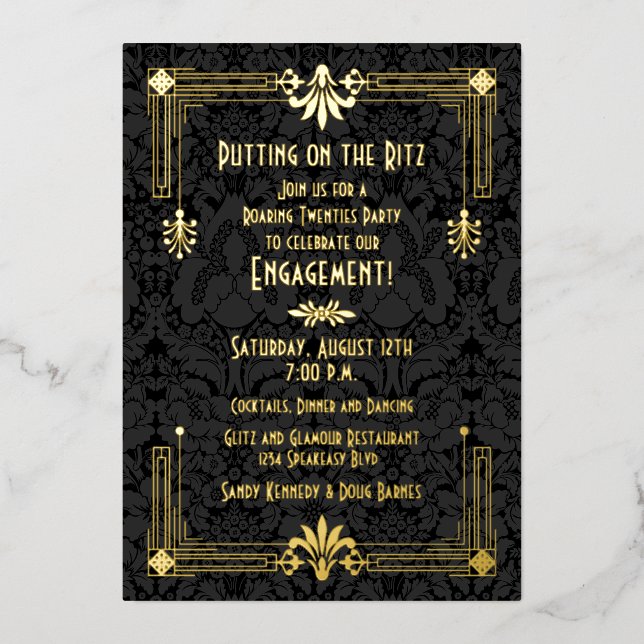 Invitación Con Relieve Metalizado Partido de compromiso Art Deco de los 20 (Anverso)