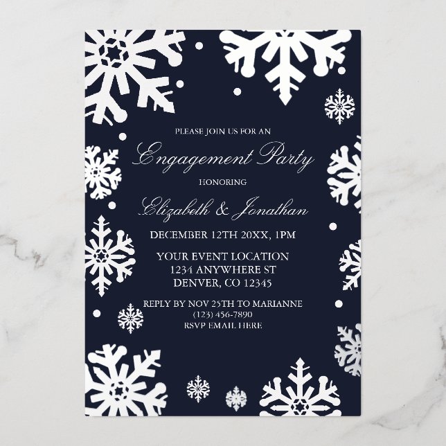 Invitación Con Relieve Metalizado Partido de compromiso de invierno de la Marina Blu (Anverso)